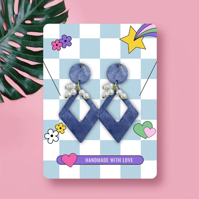 Visning av juvelerarkort för Retro Blue Groovy Ear Visitkort (Trendy retro blue and pink groovy jewelry display cards for earrings, racelets & necklaces)