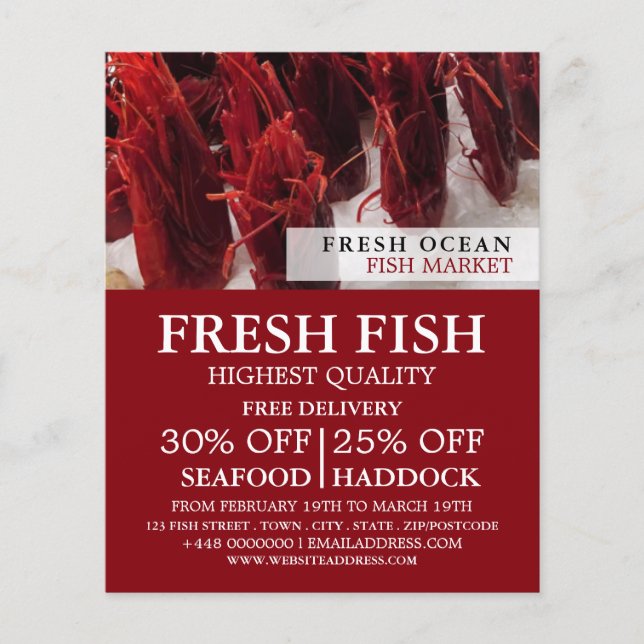 Visning av räkor, fiskare, fiskmarknad flygblad (Framsidan)