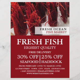 Visning av räkor, fiskare, fiskmarknad reklamblad