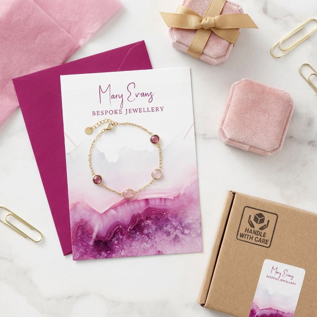 visning av rosa--upphängningskort visitkort (Pink agate necklace display card.)