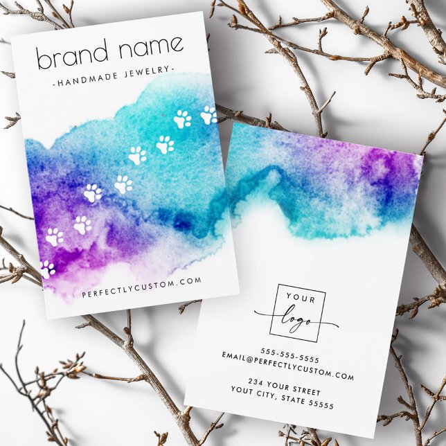 Visning för  av vattenfärgsörring för sällskapsdju visitkort (Pet paw prints watercolor earring display card)