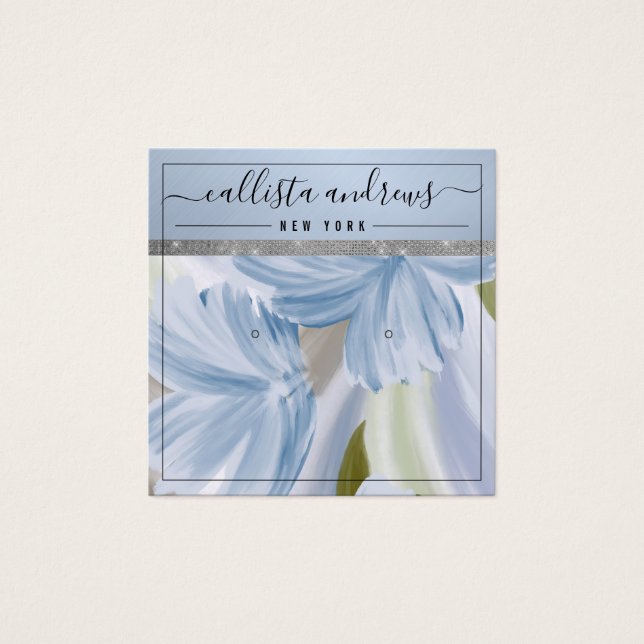 Visning för Blå Silver Blommigt Glitter-avläsning Fyrkantigt Visitkort (Framsida)