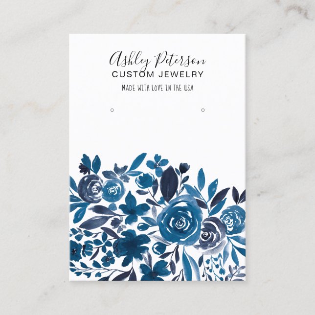 visning för Blommigt av blått vattenfärgat smyckes Visitkort (Framsida)