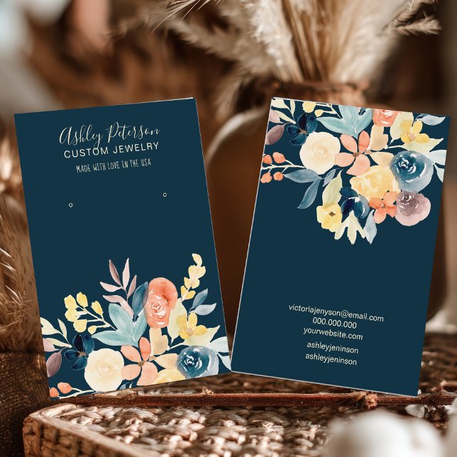 visning för Blommigt av vattenfärgsfall från smyck Visitkort (Floral watercolor fall jewelry earring display business card)