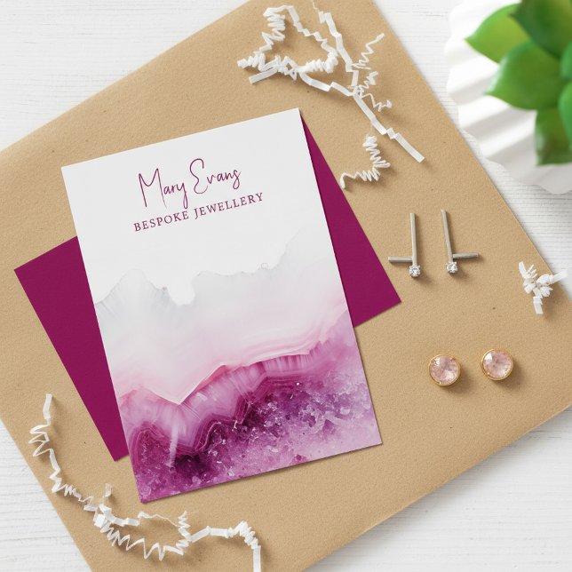 Visning för djupgående Rosa- Visitkort (Deep Pink agate earring display card.)