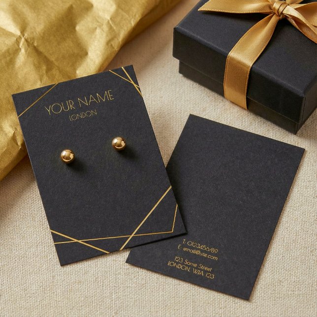 Visning för geometrisk svart  i lyxur guld visitkort (Luxury gold geometric black earring display card.)