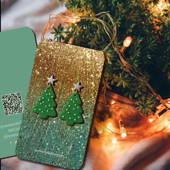 Visning för Glitter-övertoning i guld och Teal Visitkort (Gold and Teal Glitter Gradient Earring Display card #zazzlemade #holiday #christmas #luxurypackaging)