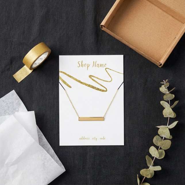 visning för guld-glittrande, halsband visitkort (Gold sparkly squiggle, necklace display card.)