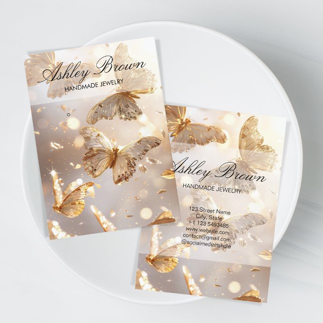 Visning för judavläsning av Guld Butterfly Handmad Visitkort (gold butterflies)