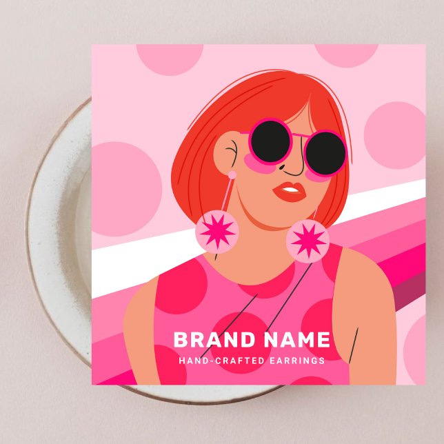 Visning för juvelry Earrings Holder - Shock rosa K Fyrkantigt Visitkort (Skapare uppladdad)