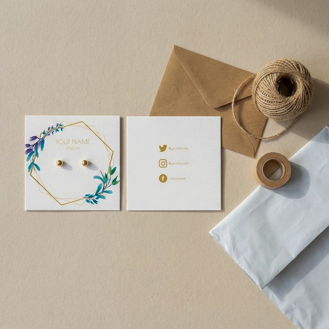 Visning för kransar för kransar i guld-blomman (Ge Fyrkantigt Visitkort (Geometric gold flower wreath earring display card.)