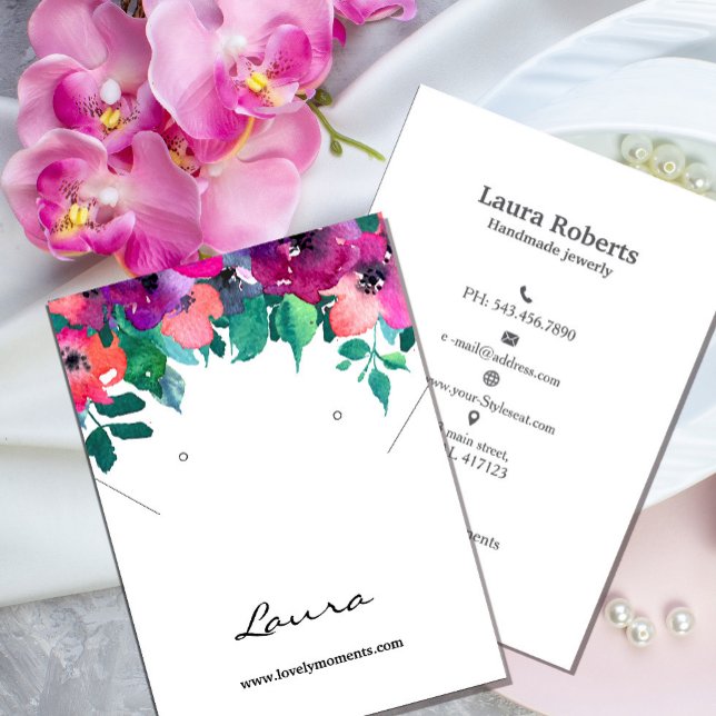 Visning för ljusa och feta färgstarka Blommigtar Visitkort (Bright & Bold Colorful Florals earring display Business Card #zazzlefinds #zazzlemade #watercolor)