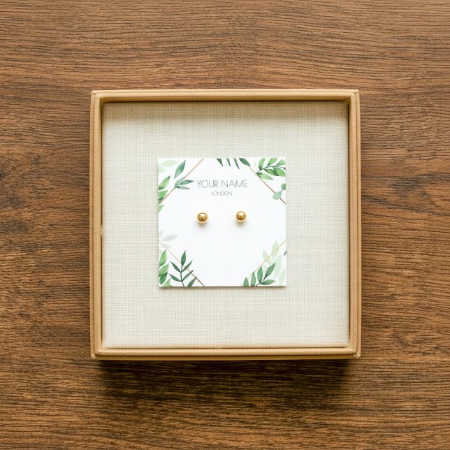 Visning för löv från grönt och guld gräns fyrkantigt visitkort (Leafy green and copper border earring display card.)