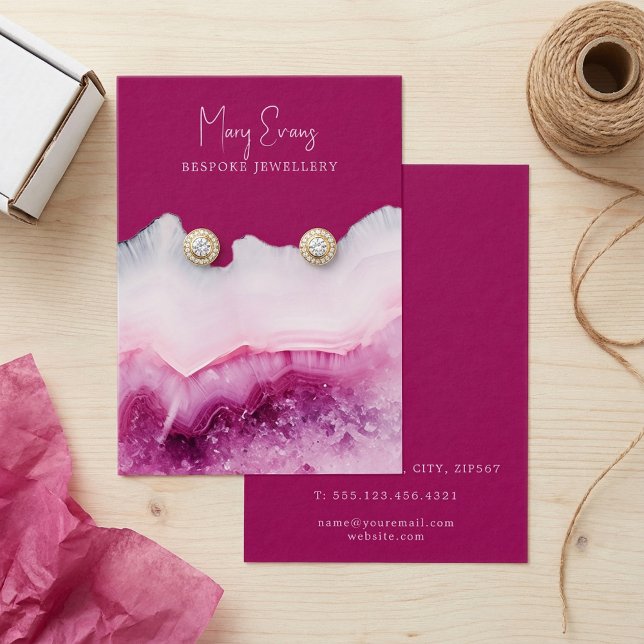 visning för rosa- visitkort (Pink agate earring display card.)
