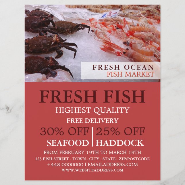 Visning för skaldjur, fiskare/hustru, fiskmarknad reklamblad (Framsidan)
