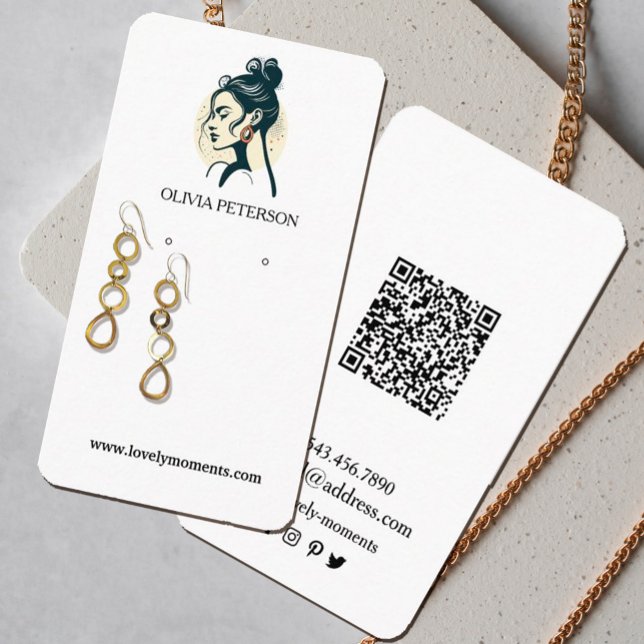 Visning för smyckesörning i Ansikte för kvinnor Visitkort (Stunning watercolor earring display cards with a women`s face logo.Perfect for small business owners)
