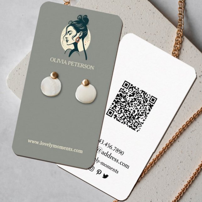 Visning för smyckesörning i Ansikte för kvinnor Visitkort (Stunning watercolor earring display cards with a women`s face logo.Perfect for small business owners)