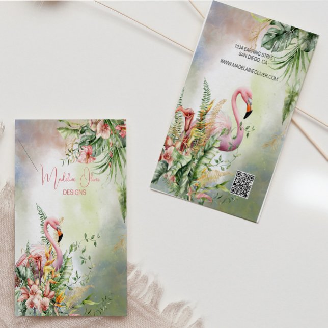 Visning för Tropisk Blommigt Flamingo QR-kod Visitkort (Skapare uppladdad)