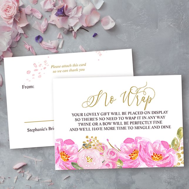 Visning Shower Guld Calligraphy Rosa Blommigt Tilläggskort (No Wrap Display Shower insert card from my Pink and Gold Watercolor Floral Collection)