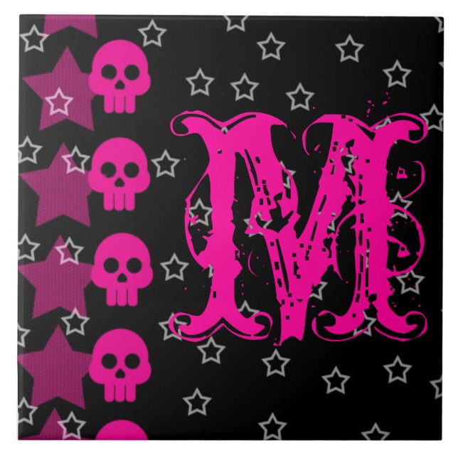 Visningen Girly Skull EMO Punk Rocker Monogram Kakelplatta (Framsidan)