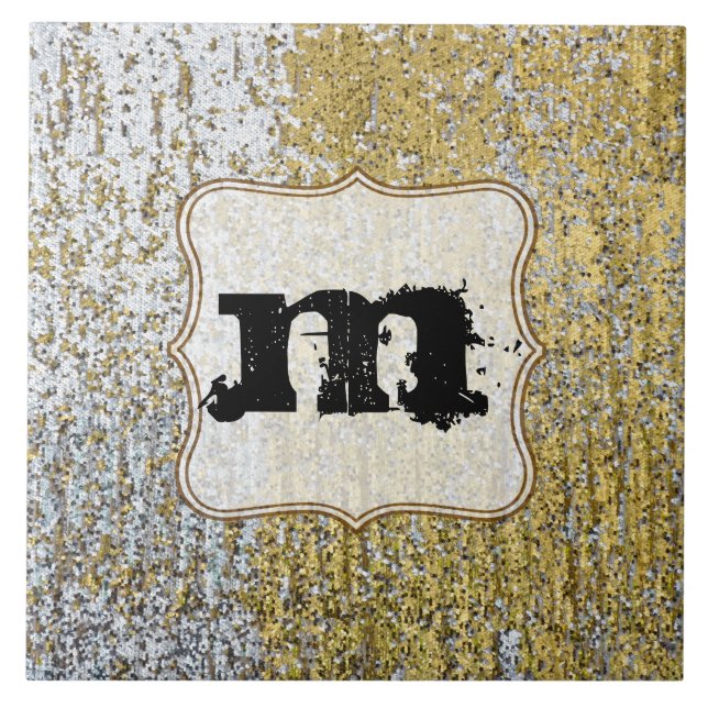 Visningen guld och Silver Grunge Monogram  Tile Kakelplatta (Framsidan)