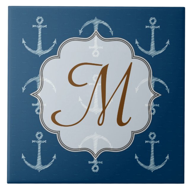 Visningen Nautical Anchor Sail Sailing Monogram Kakelplatta (Framsidan)