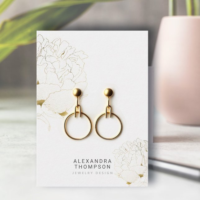 Visningen Peony Faux Guld Modern Sketch Jewelry  Visitkort (floral earrings jewelry display card faux gold peony art sketch modern minimalist elegant template)