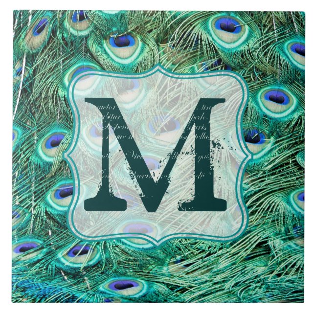 Visningen Tile för Peacock Bird Feather Teal Monog Kakelplatta (Framsidan)