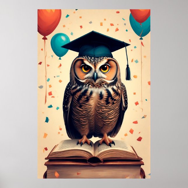Viss ugla med examenshatt sittande på bok poster (Framsidan)