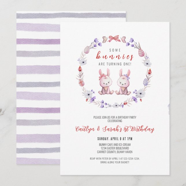 Vissa Bunnies går en, Twillingar 1:a födelsedag Inbjudningar (Fram/baksida)