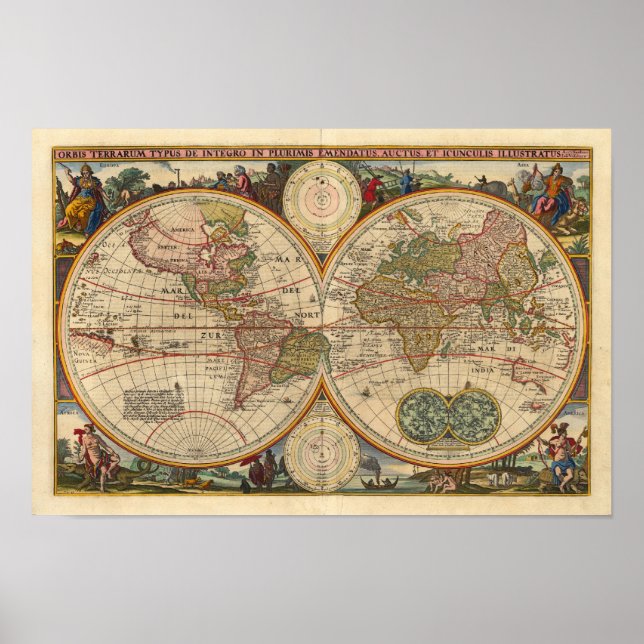 Visscher Nicolaas World Map 1670 Reproduction Poster (Framsidan)