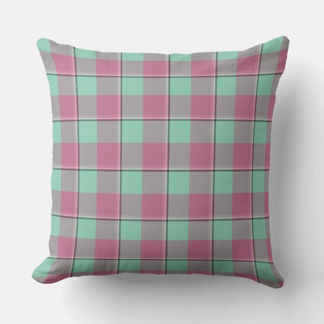 Vista Blue and Turkish Rose Pink Plaid Green Kudde (Framsida)