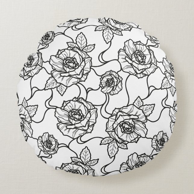 Vistare av Ro, Elegant Line Art Blommönster Rund Kudde (Framsidan)