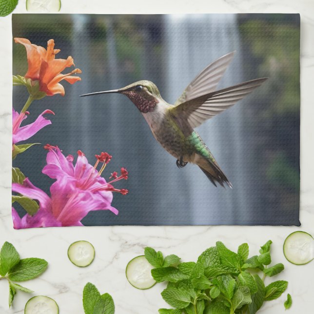 "Vistare för naturen: Hummingbird, Waterfall Kökshandduk (Vikta)