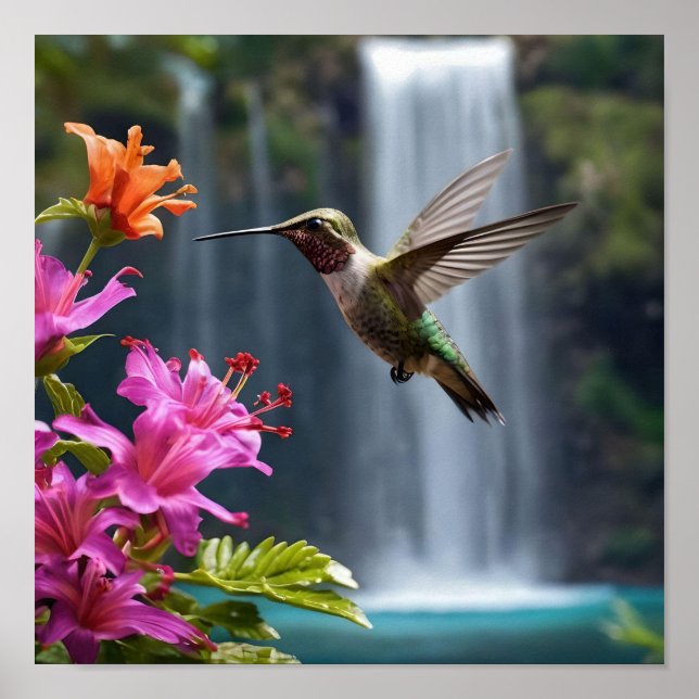 "Vistare för naturen: Hummingbird, Waterfall Poster (Framsidan)
