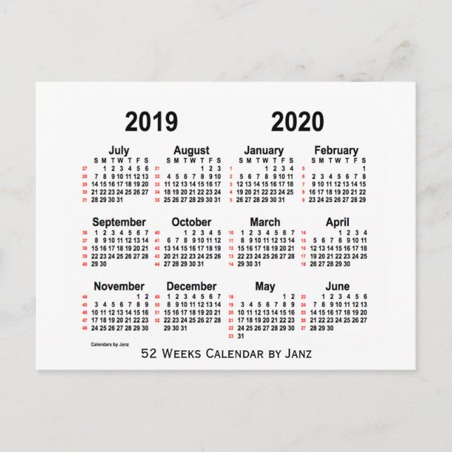 Vit 2019-2020 52 veckor kalender vid Janz Vykort (Framsida)