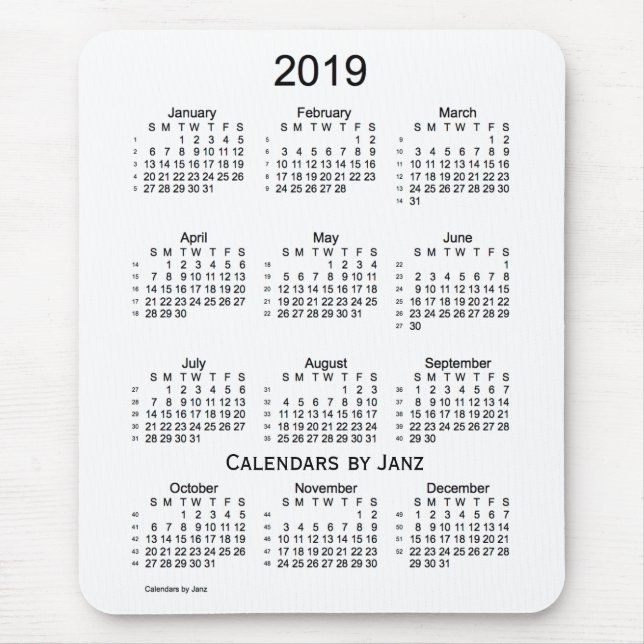 Vit 2019 52 vecka kalender vid Janz Musmatta (Framsidan)