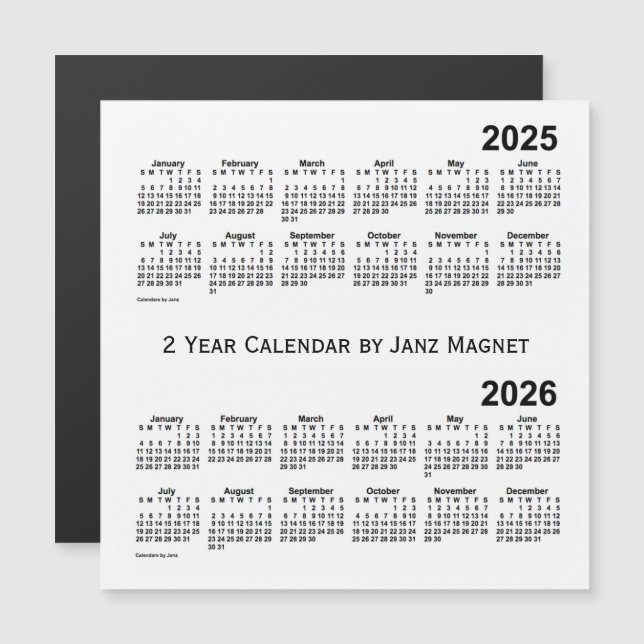 Vit 2025-2026 2 år kalender vid den Janz magneten (Fram/baksida)