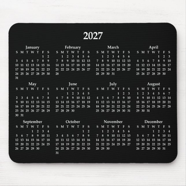 Vit 2027-kalender på svart bakgrund musmatta (Framsidan)