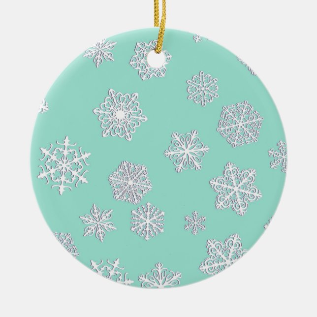 Vit 3-d snöflingor på akvatisk bakgrund julgransprydnad keramik (Framsidan)