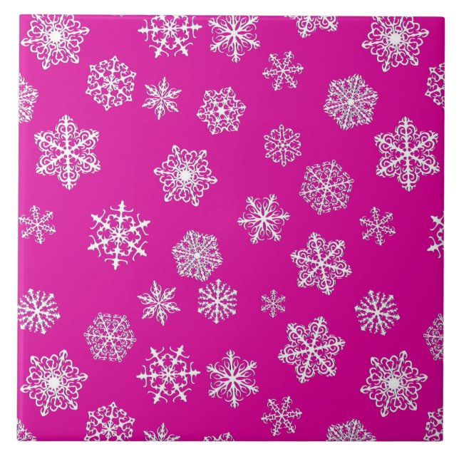 Vit 3-d snöflingor på fuchsisk rosa kakelplatta (Framsidan)