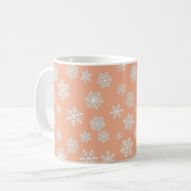 Vit 3D-Snöflingor på persikombakgrunden Kaffemugg (Framsida vänster)