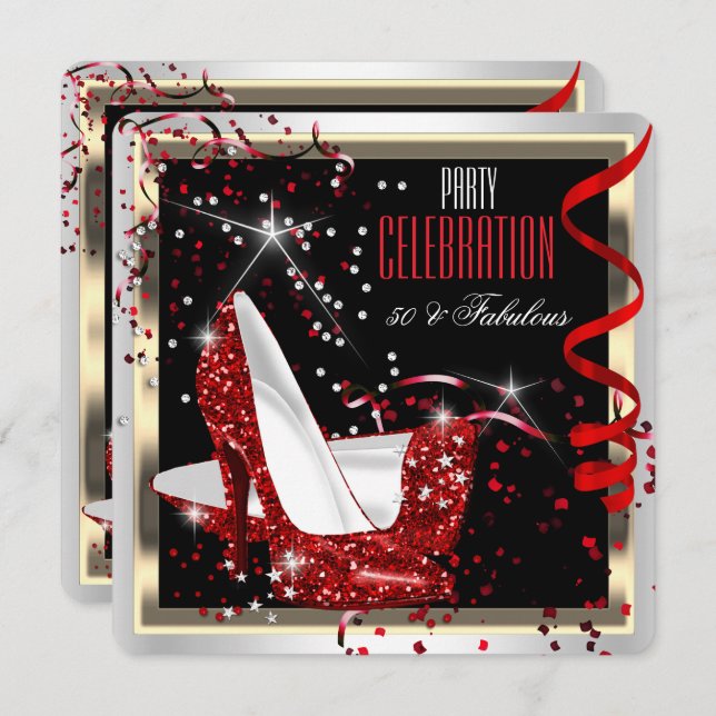 Vit 50 röda svarta, 50:e Födelsedagsfesten 2 Inbjudningar (Fram/baksida)