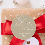 Vit abstrakt i Beige renar, modern jul Runt Klistermärke<br><div class="desc">En beige bakgrund och en vit abstrakt,  en linjesren. Anpassa och lägg till namn och år. Text: God jul</div>