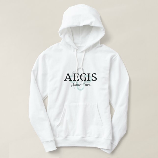Vit Aegis Hoodie - lagerlogotyp i teal (Design framsida)