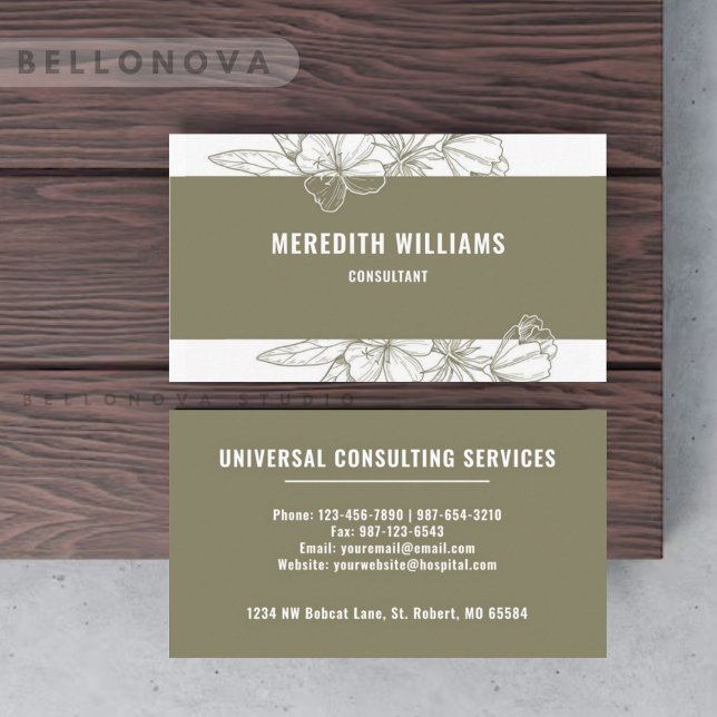 Vit Aesthetic Sage Grönt Blommigt Professionell Visitkort (White Aesthetic Sage Green Floral Professional Business Card)