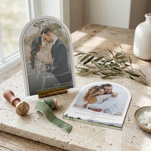 Vit akvarell bergsvalv foto minimalistisk inbjudningar (White Watercolor Mountain Arch Photo Minimalist Wedding Thank You)