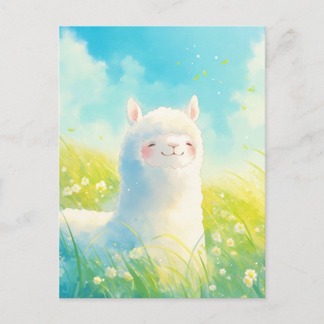 Vit Alpaca i solig äng med vilda blommor Vykort (Framsida)