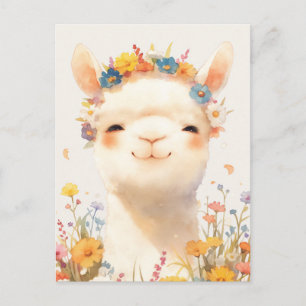Vit Alpaca med Färgrik Kron av Vilda Blommor Vykort
