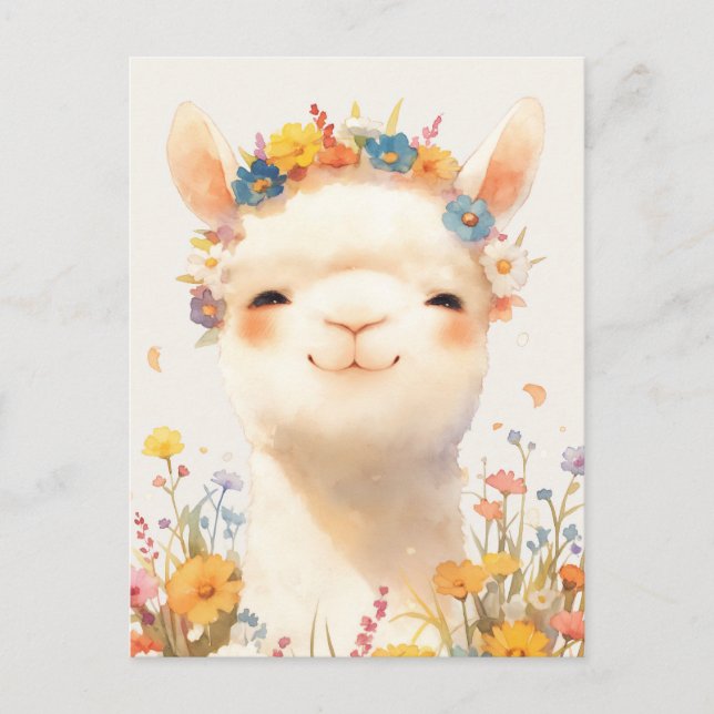 Vit Alpaca med Färgrik Kron av Vilda Blommor Vykort (Framsida)